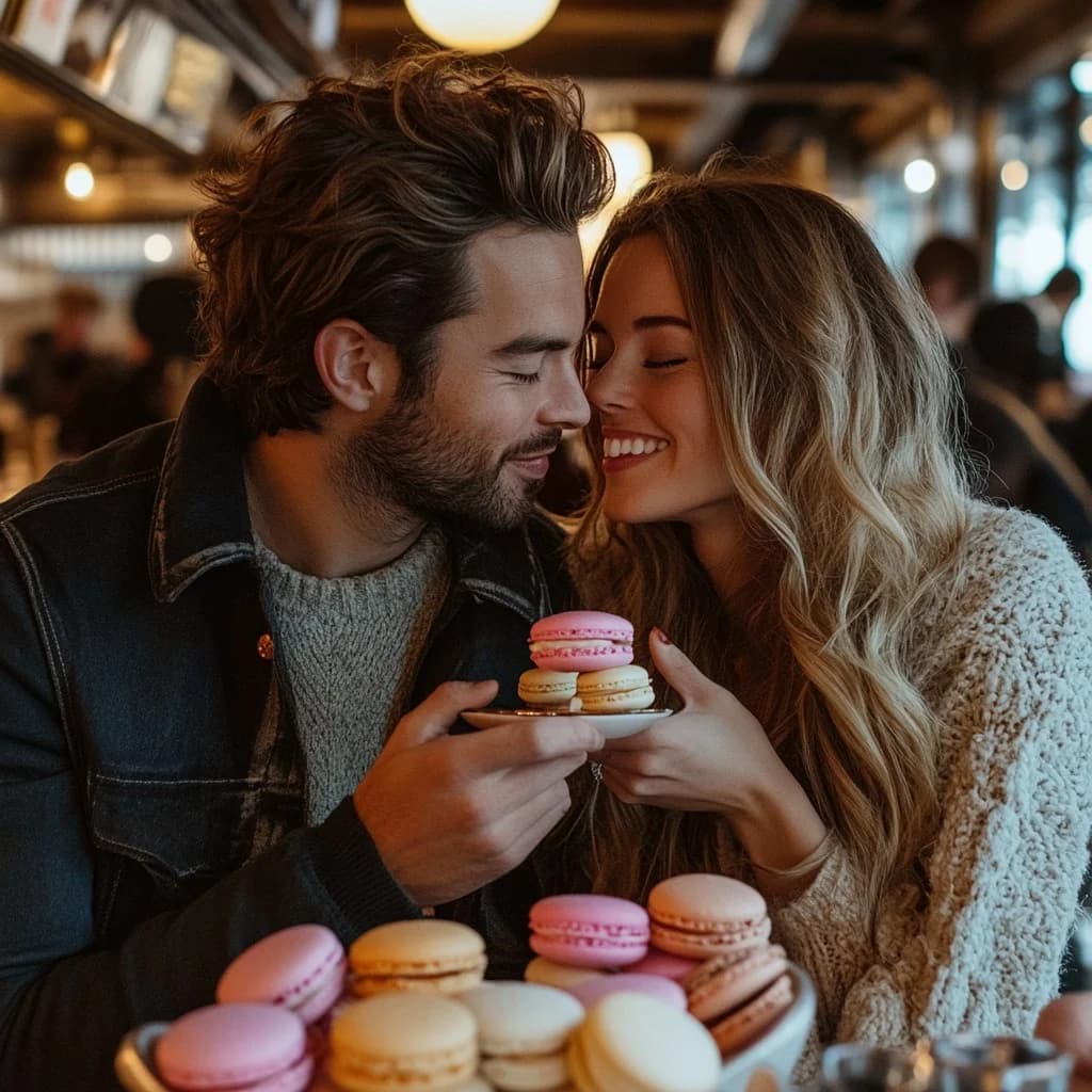 Couple on a date, tasting macarons together