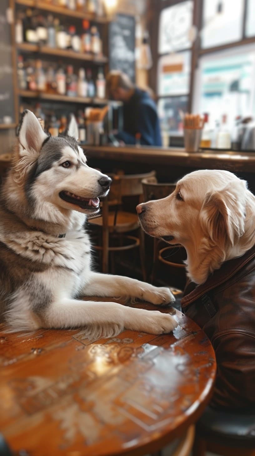 Two dogs on a date in a bar