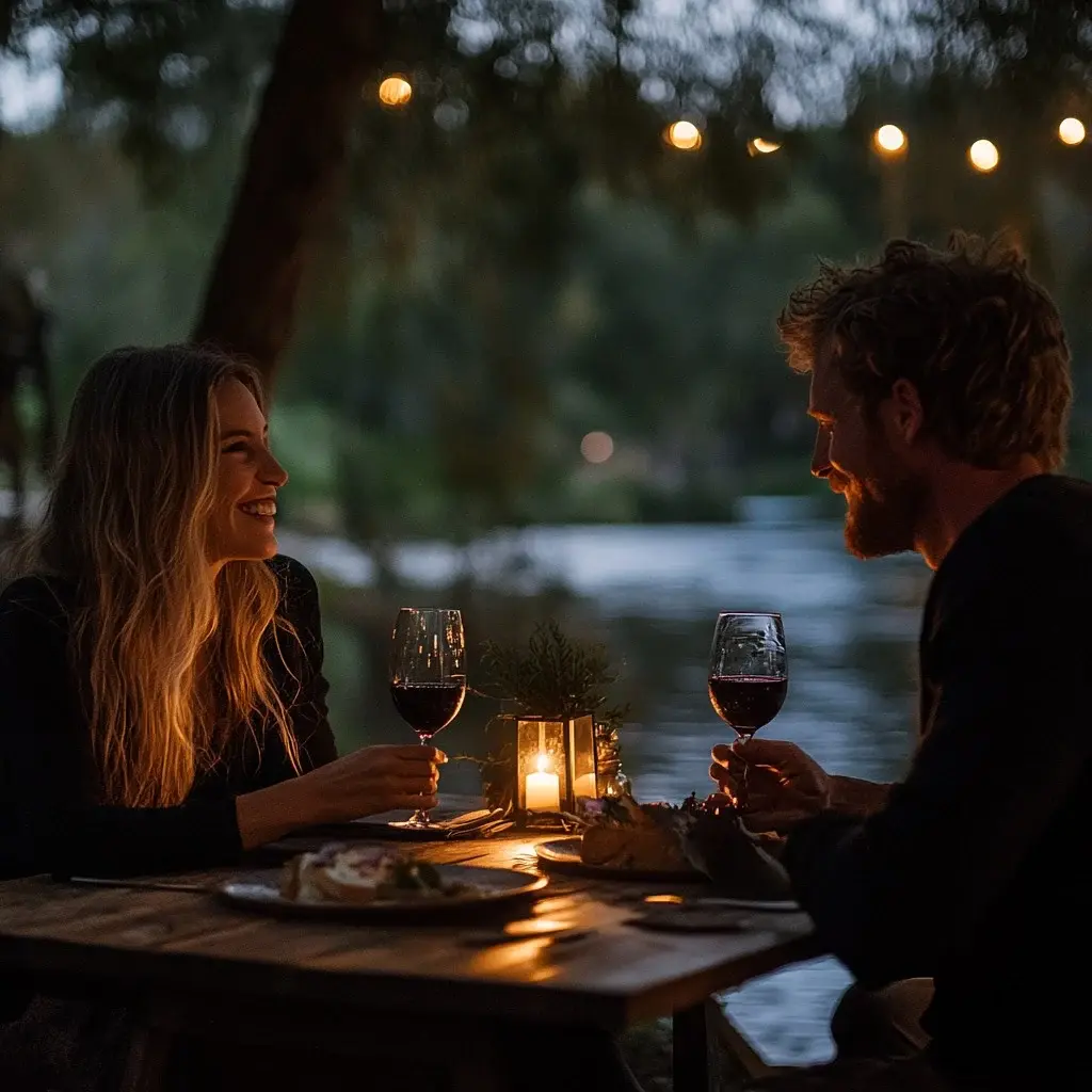 Couple enjoying champagne together, celebrating